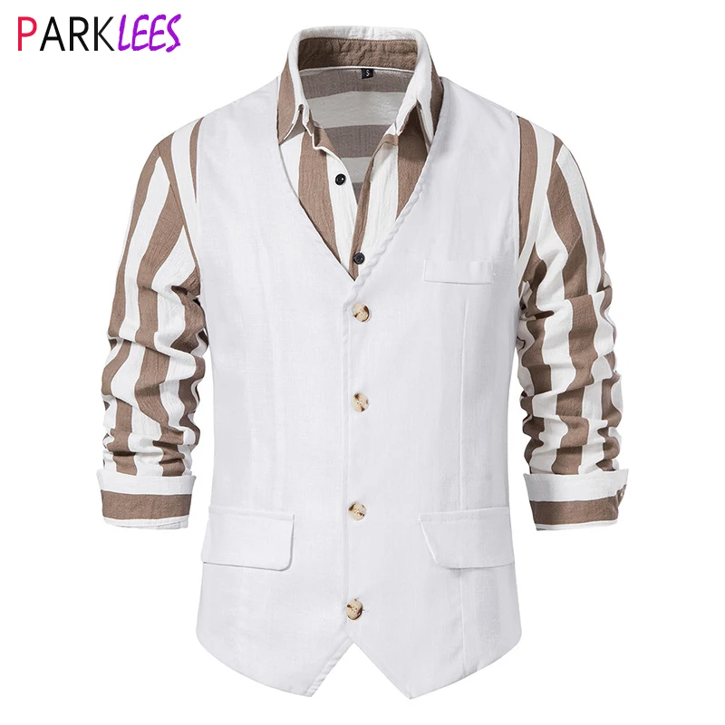 White Cotton Linen Suit Vest Men 2023 Spring New Regular Fit V Neck