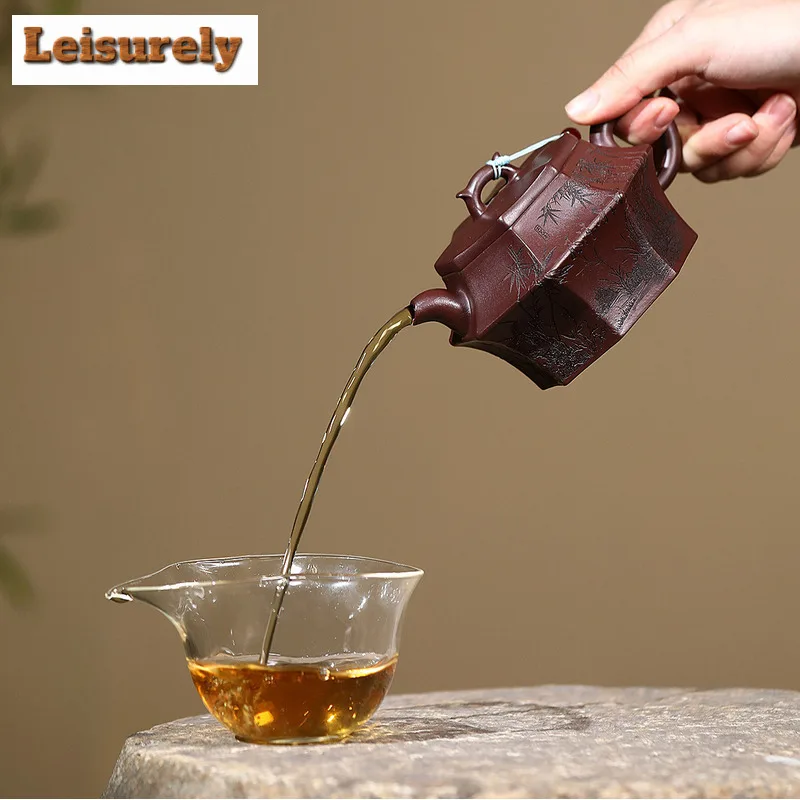 230ml Handmade Yixing Purple Clay Teapot Handmade Bamboo Shadow Octagon Pot Raw Ore Purple Mud Kettle With Strainer Zisha Teaset