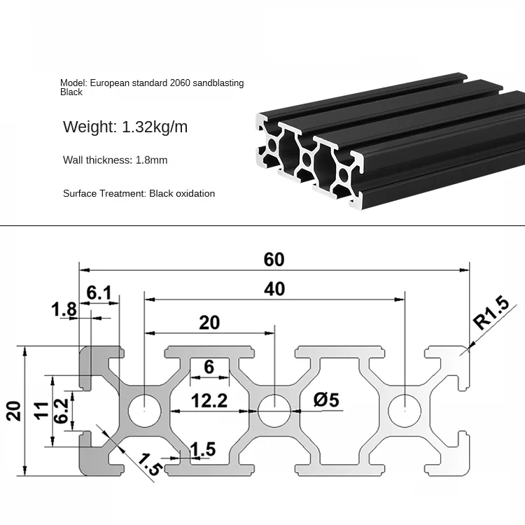 1 Stück schwarze anodische Oxidation 2020 2040 2060 2020N2 2020R 3030 3030N2 3030R 3060 4040 4080 T-Nut Aluminiumprofil EU-Standard – Detail 19