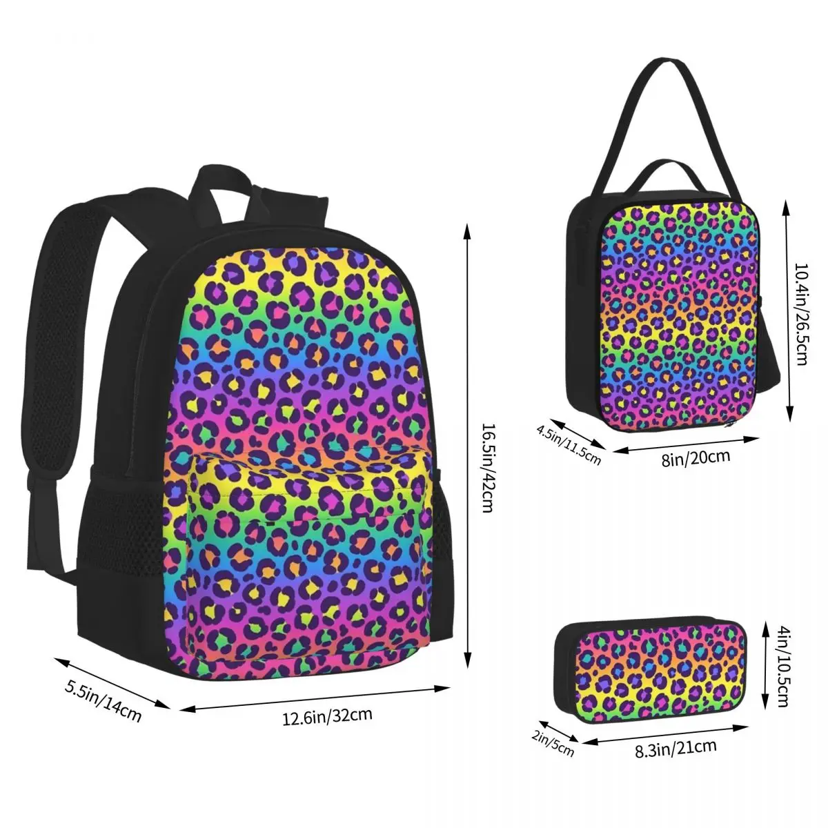 

Rainbow Leopard Graphic Backpack Boys Girls Bookbag Students School Bags Cartoon Kids Rucksack Lunch Bag Pen Bag Three-Piece Set