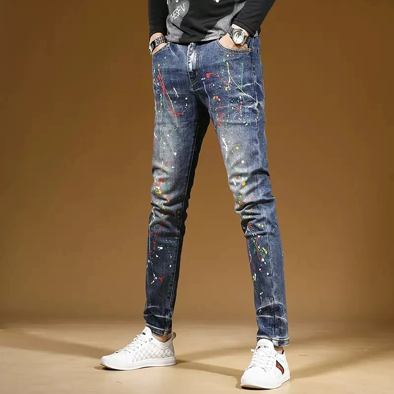 Streetwear Graffiti Printed Blue Jeans Men Casual Slim Fit Straight Pants Stretch Denim Trousers