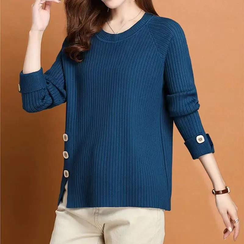 Autumn Winter All-match Commute Women's Button Spliced Sweaters Simplicity Fashion Long Sleeve Solid Color Knitted Pullovers