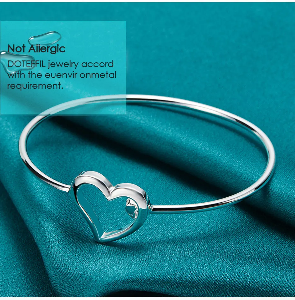 DOTEFFIL 925 Sterling Silver Double Heart Opening Bangle Bracelet