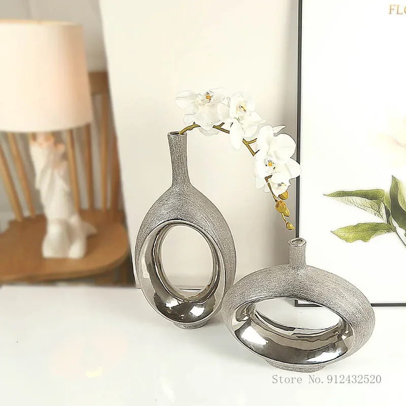 European-style Electroplating Silver Ceramic Oval Vase, Home Bedroom Living Room Wedding Hotel Flower Shop Decoration Vases, 1Pc