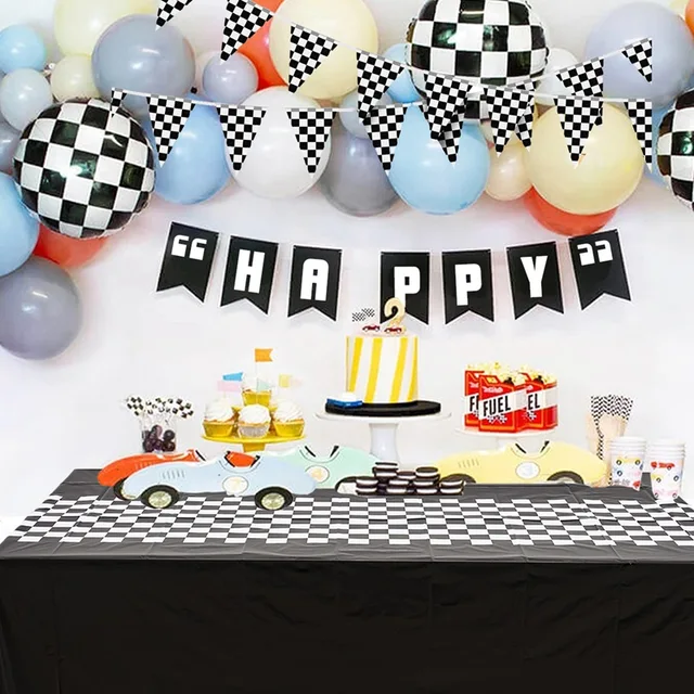 Race Car Party Decorations Set - 3 Checkered Tablecloths & 8 Foil Balloons For Racing Theme
