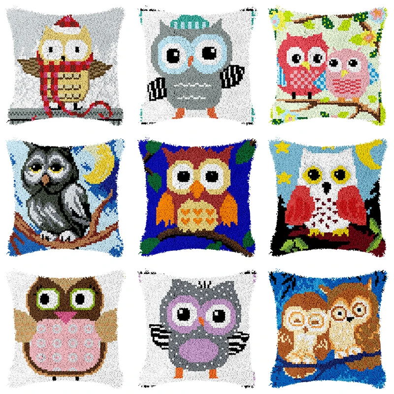 Cute Owl Parrot Coarse Wool Latch Hook DIY Cross Stitch Carpet Embroidery Cushion Cover Segment Embroidery Latch Hook Rug Kits