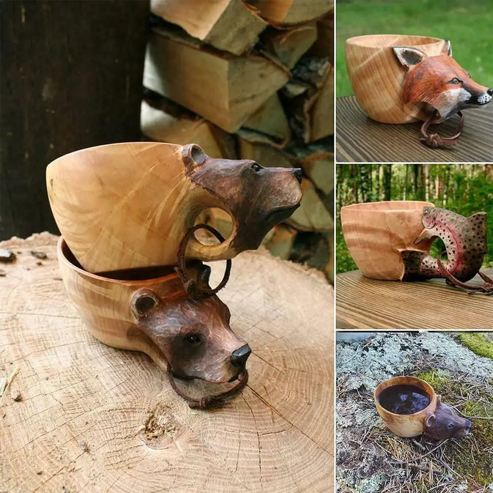 1PC Animal Shape Hand Carved Cup Wooden Mug Camping Coffee Cup Gear