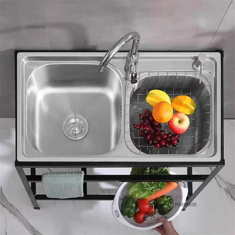 Thickened Stainless Steel Kitchen Sink with Bracket Single Bowl Double Bowl Dish Washing Sink Home Floor Vegetable Washing Basin 3