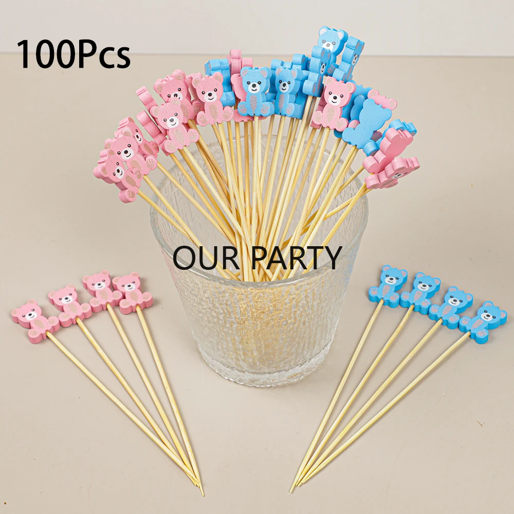 100 Stück Bunte Bären-Themen Bambus-Obstgabeln für Gender-Reveal-Partys, Buffet-Dessertspieße für Kindergeburtstage und Babypartys