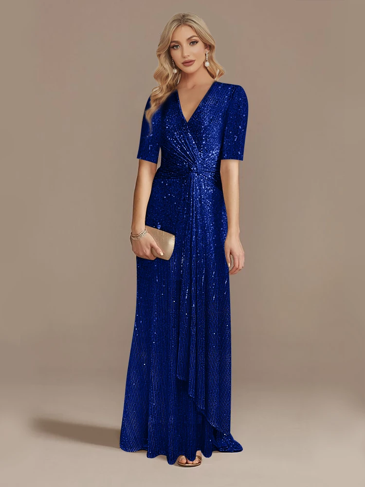 Lucyinlove Luxury Floor Length V-Neck Evening Dress 2024 Women Elegant Party Maxi Dress Sequin Short Sleeves Prom Cocktail Dress