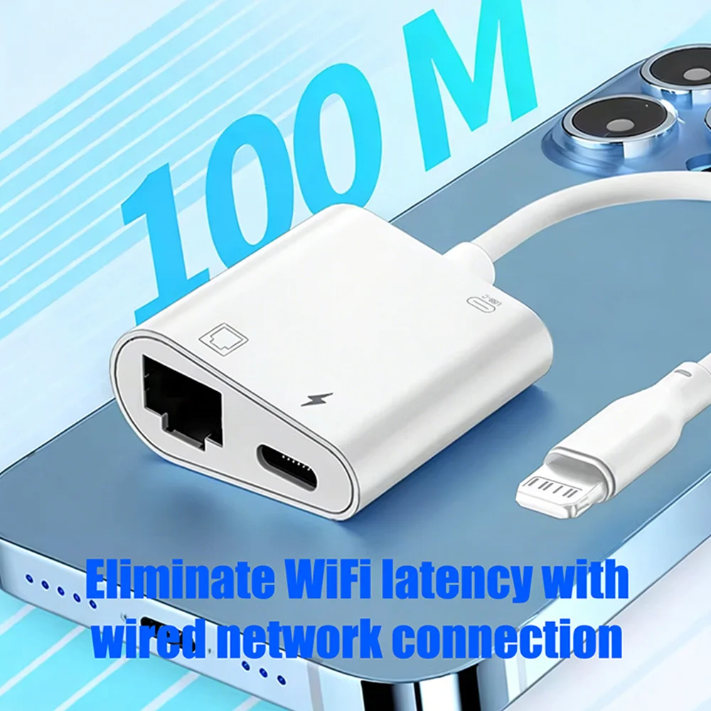 라이트닝-네트워크 카드 RJ45 라이트닝 3 in 1 어댑터 (아이폰 14, 13, 12, 11 Pro용) 이더넷 충전 데이터 전송 어댑터