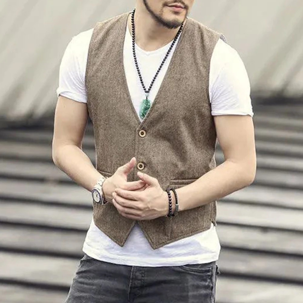 Men's Business British Style Retro Linen Vest Summer Thin Section Slim Three Button V-Neck Slim Gentleman Casual Formal Vest 2