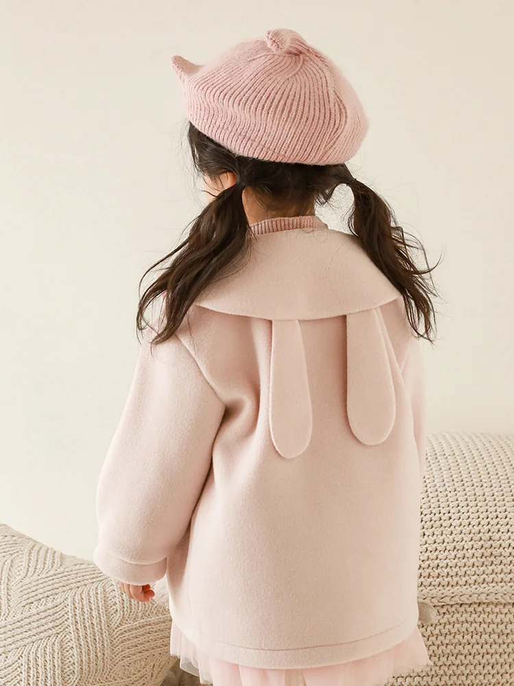 Baby Girls Lapel Cute Big Ears Solid Color Woolen Coat 2023 Autumn Winter Casual Cardigan Long-Sleeved Children's Wool Clothes