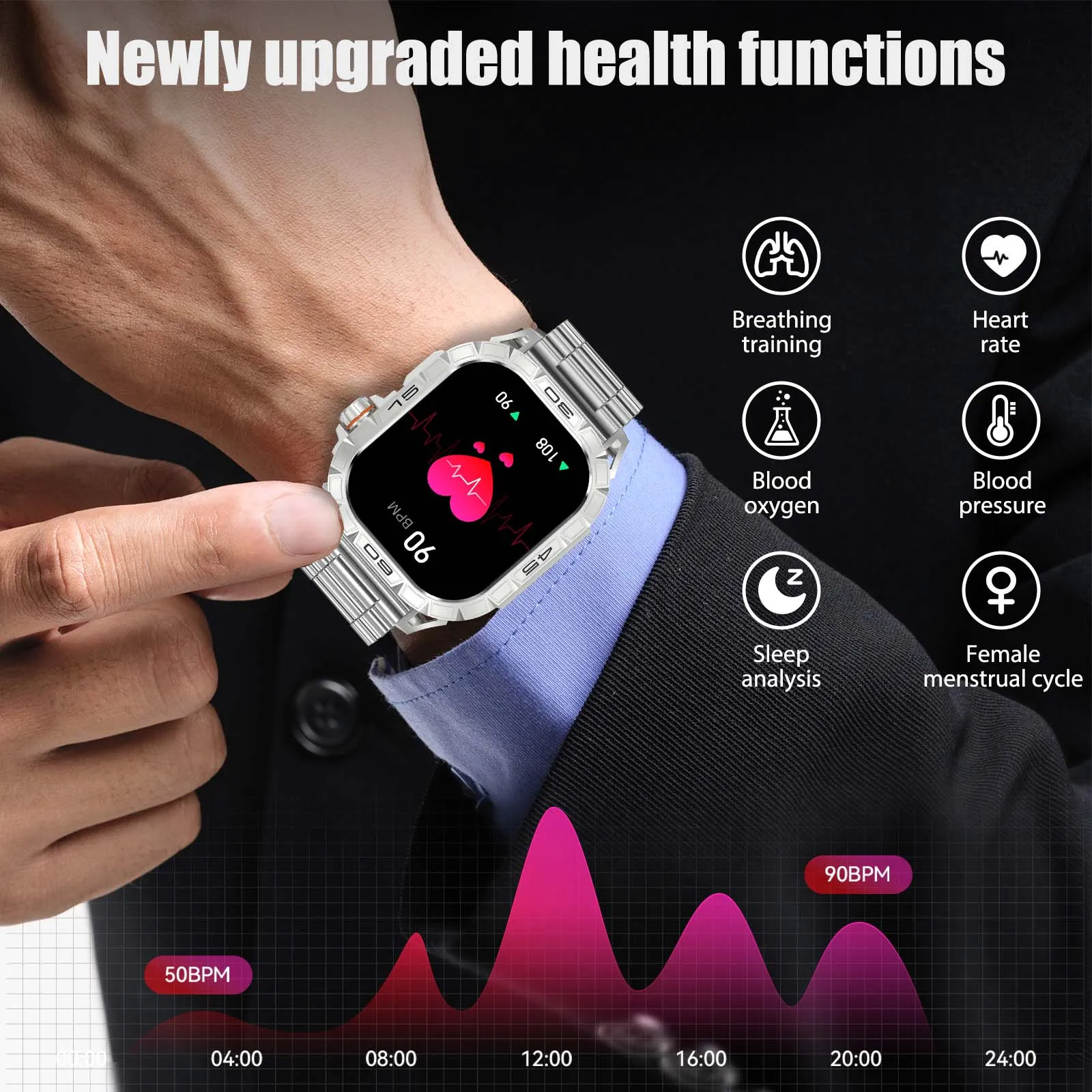 EIGIIS Smart Watch AMOLED Display 100+ Sport Mode With Compass IP68 Waterproof Bluetooth Call Heart Rate Blood Pressure Men K63