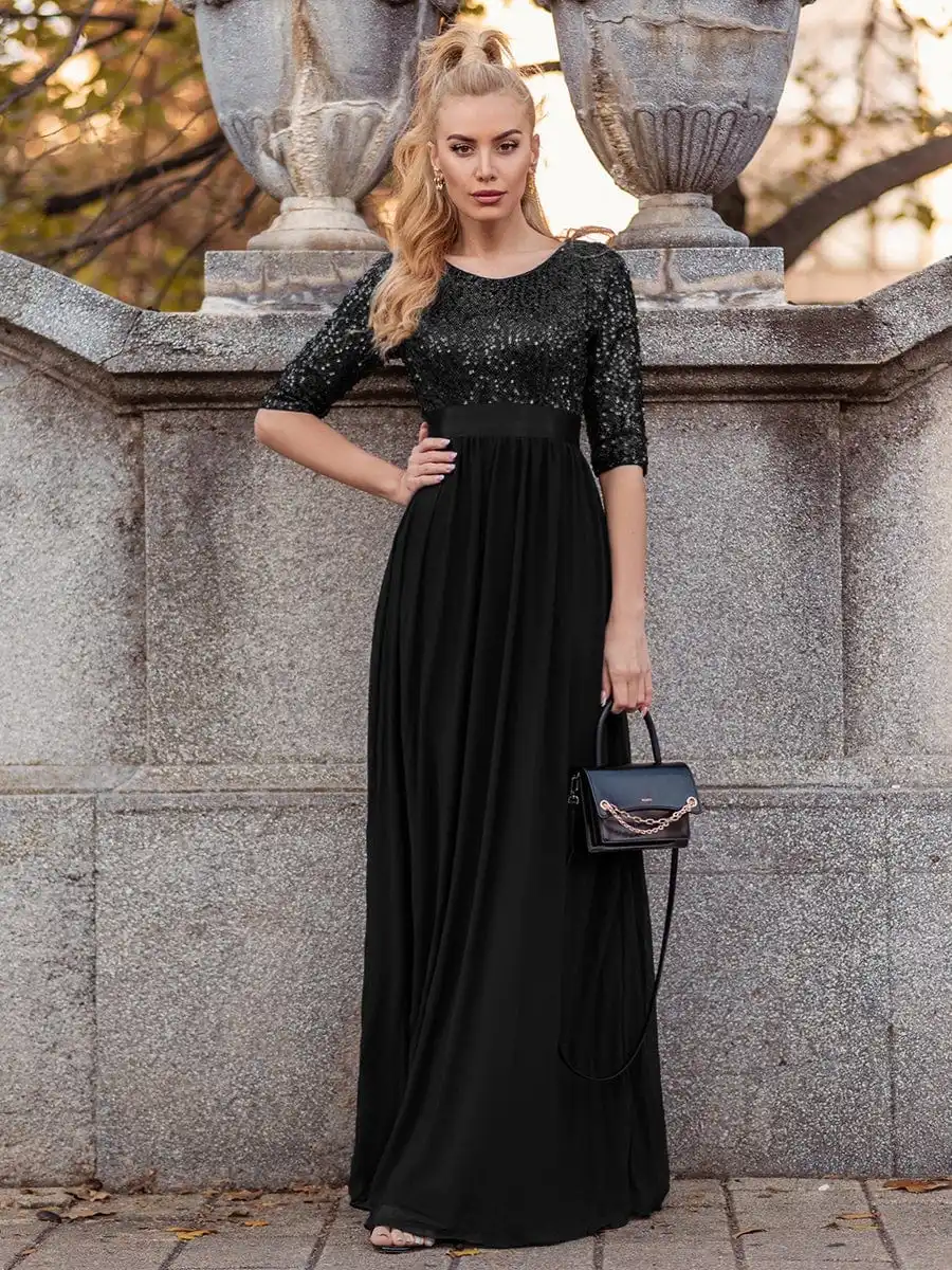 de Noche elegantes para mujer, vestido de encaje de manga tres cuartos, cuello redondo, línea A, largo, 2023 _ - AliExpress Mobile
