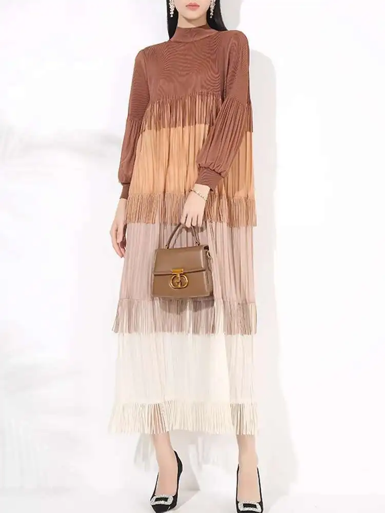 LANMREM 2025 Spring Pleated Long Dress For Women Contrast Color Tassel Design A-line Dresses Elegant Party Clothing 2VV2055 - Image 4