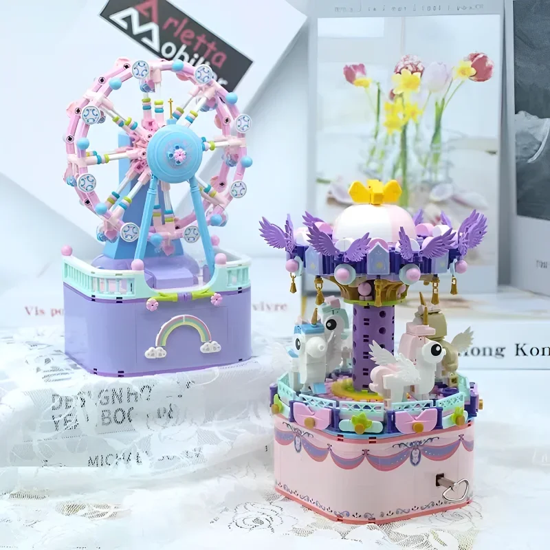 City Street Scenery Ferris Wheel Music Box Model Building Blocks DIY Self Assembly Carousel Brick Toy Friends Children Gifts