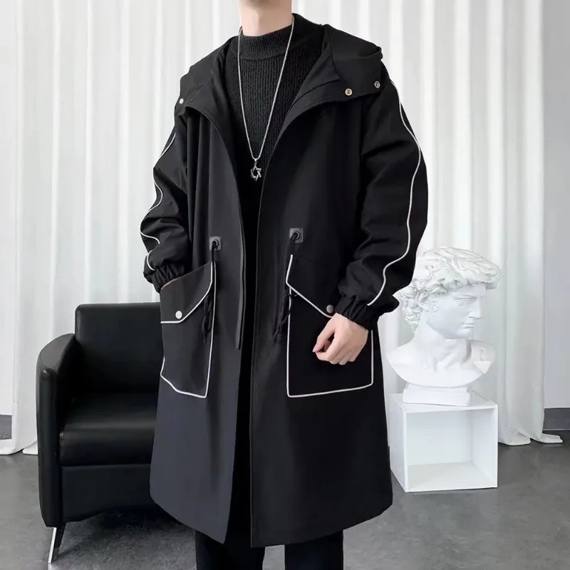 Autumn and Winter New Windbreaker Men's Mid Length Over Knee Hooded Coat Korean Loose Cloak Warm Coats Mens Jacket
