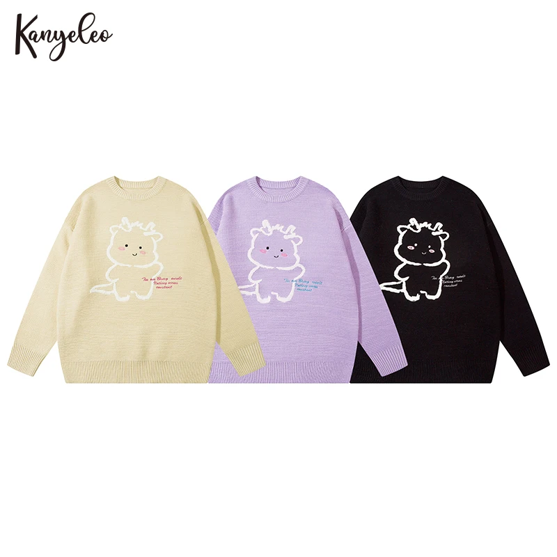 

New American street fun cartoon dragon flocked long-sleeved knit sweater men and women loose sweater