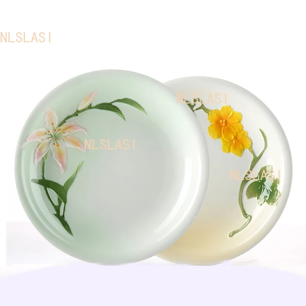 8.5-inch Ceramic Steak Plate Household Circular Dessert Plate Rural Style Plants Flowers and Vegetable Dishes Underglaze Colour