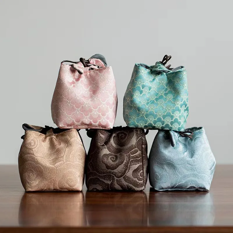 Chinese Style Tea Ceremony Master Cup Cloth Bag Art Portable Bag Square Brocade Drawcord Embroidery Thicken Storage ZD46