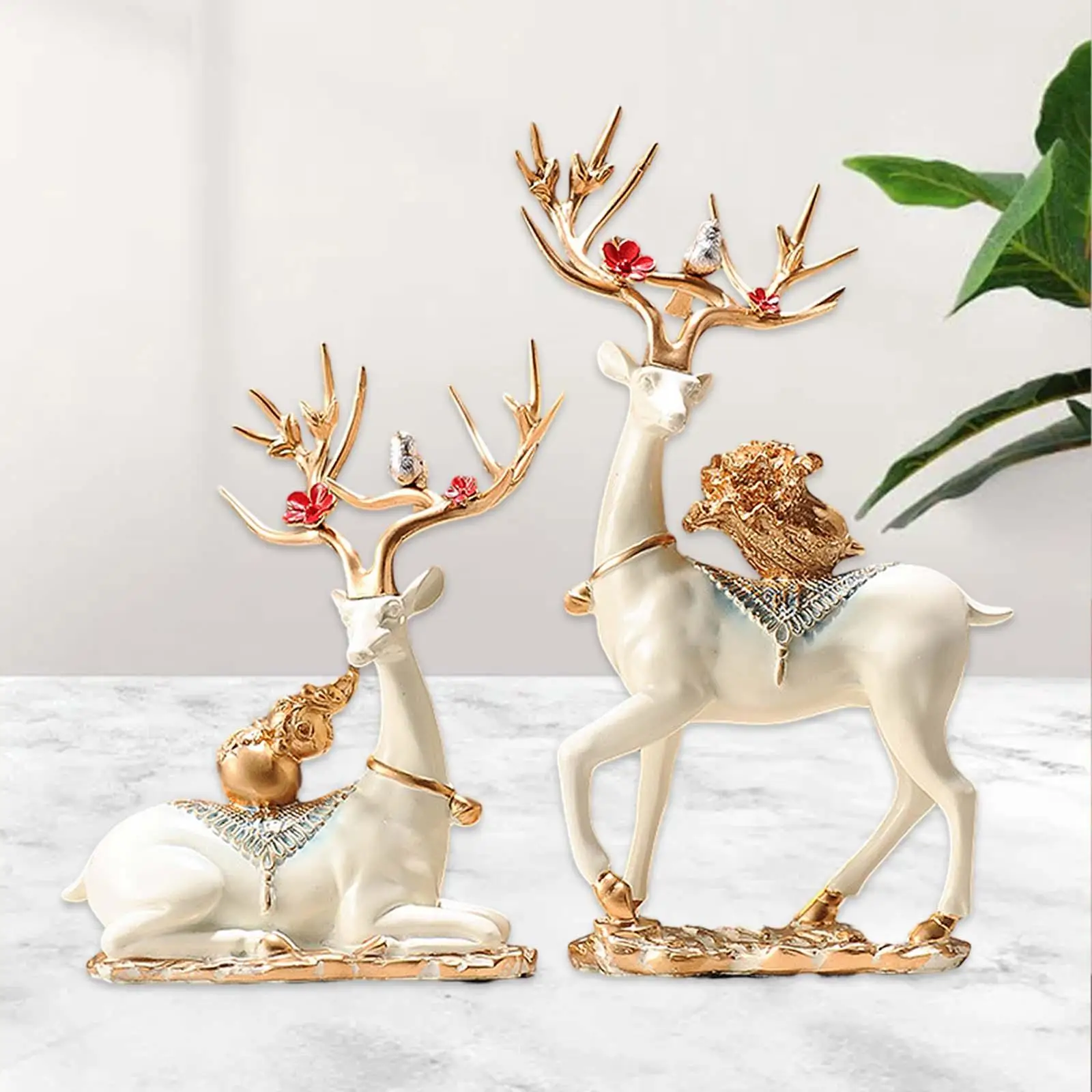 

2 Pieces Deer Statues Tabletop Ornaments Collectible Prosperity Sculptures Animal Statues for Entrance Living Room Fireplace