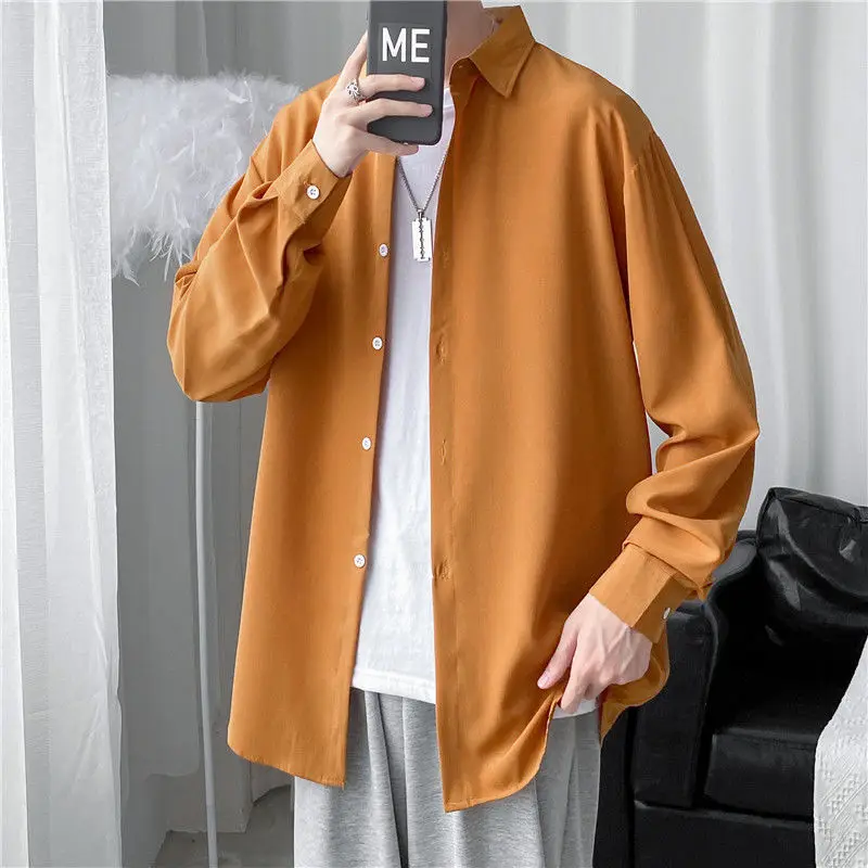 

Stylish Lapel Button Solid Color All-match Shirt Men's Clothing 2023 Spring New Loose Casual Tops Long Sleeve Korean Shirts