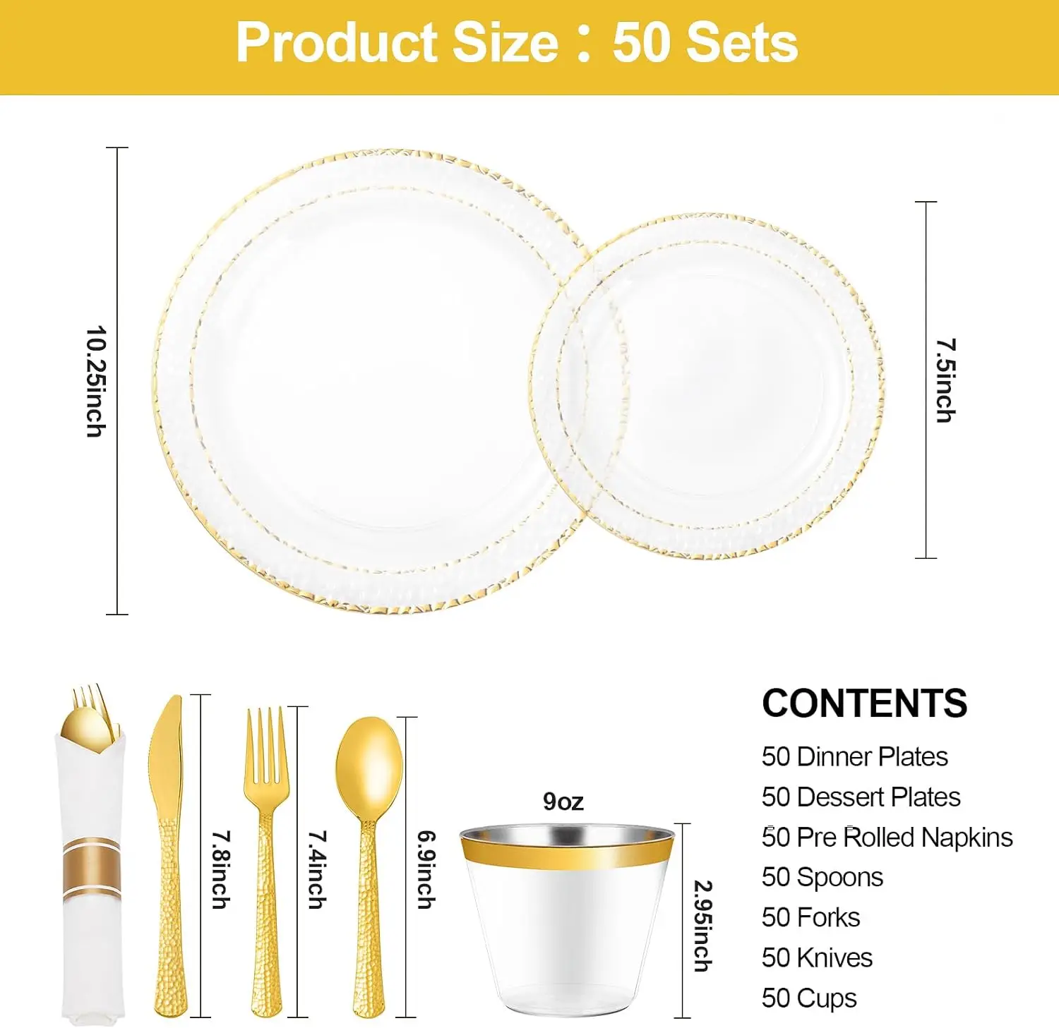 350PCS Clear Plastic Plates with Gold Trim for 50 Guests Disposable Dinnerware Set for Party Includes 100 Plastic Plates
