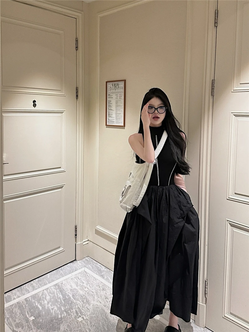 Casual Black Knitted Dresses for Women Sleeveless Vest Dress A-line Casual Korean Fashion Half High Collar Autumn New Vestido