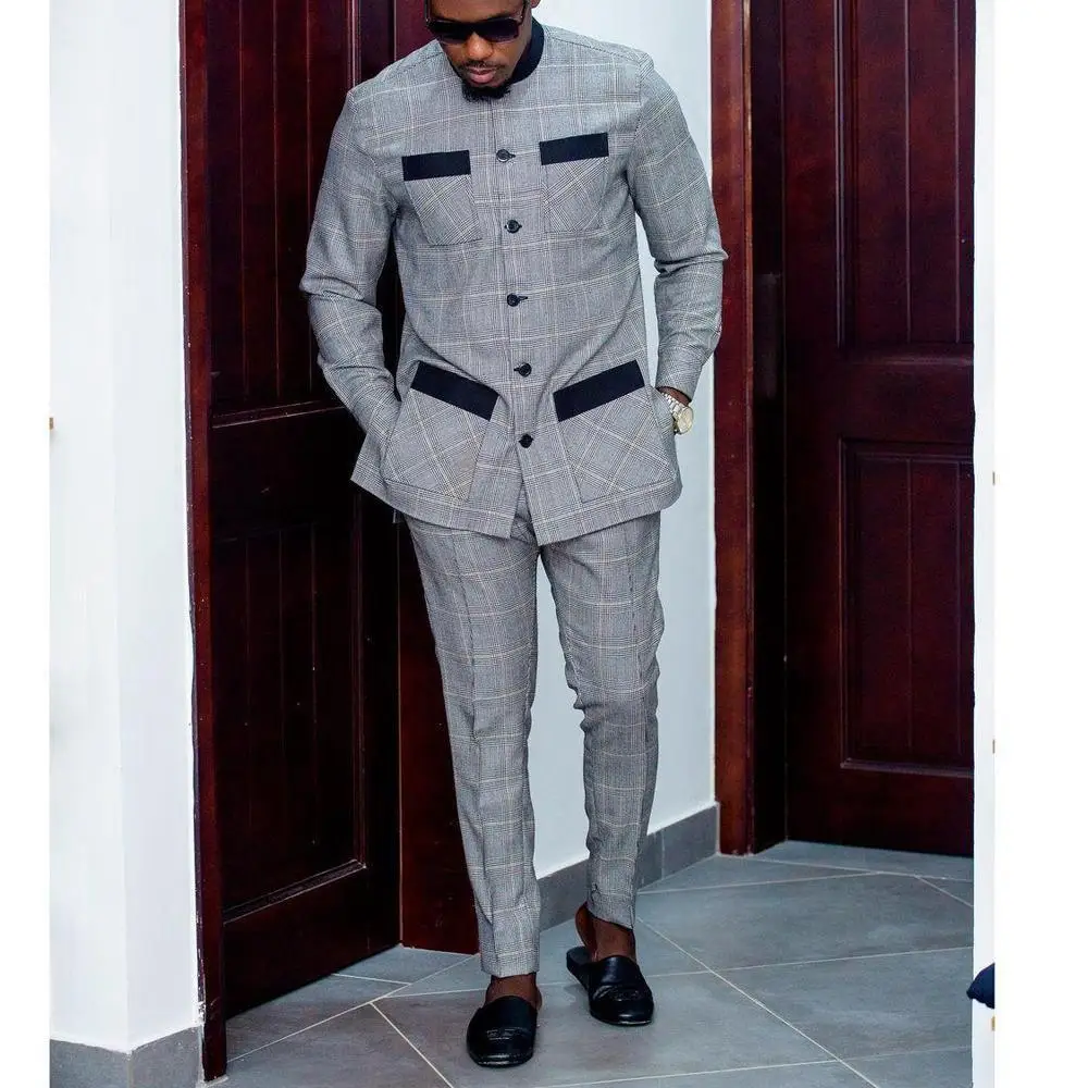 Luxury Men Suit Single Breasted Jacket Printed Plaid Top Pants African Traditional Wedding 2 Piece Sets Kaftan Dashiki Outfits