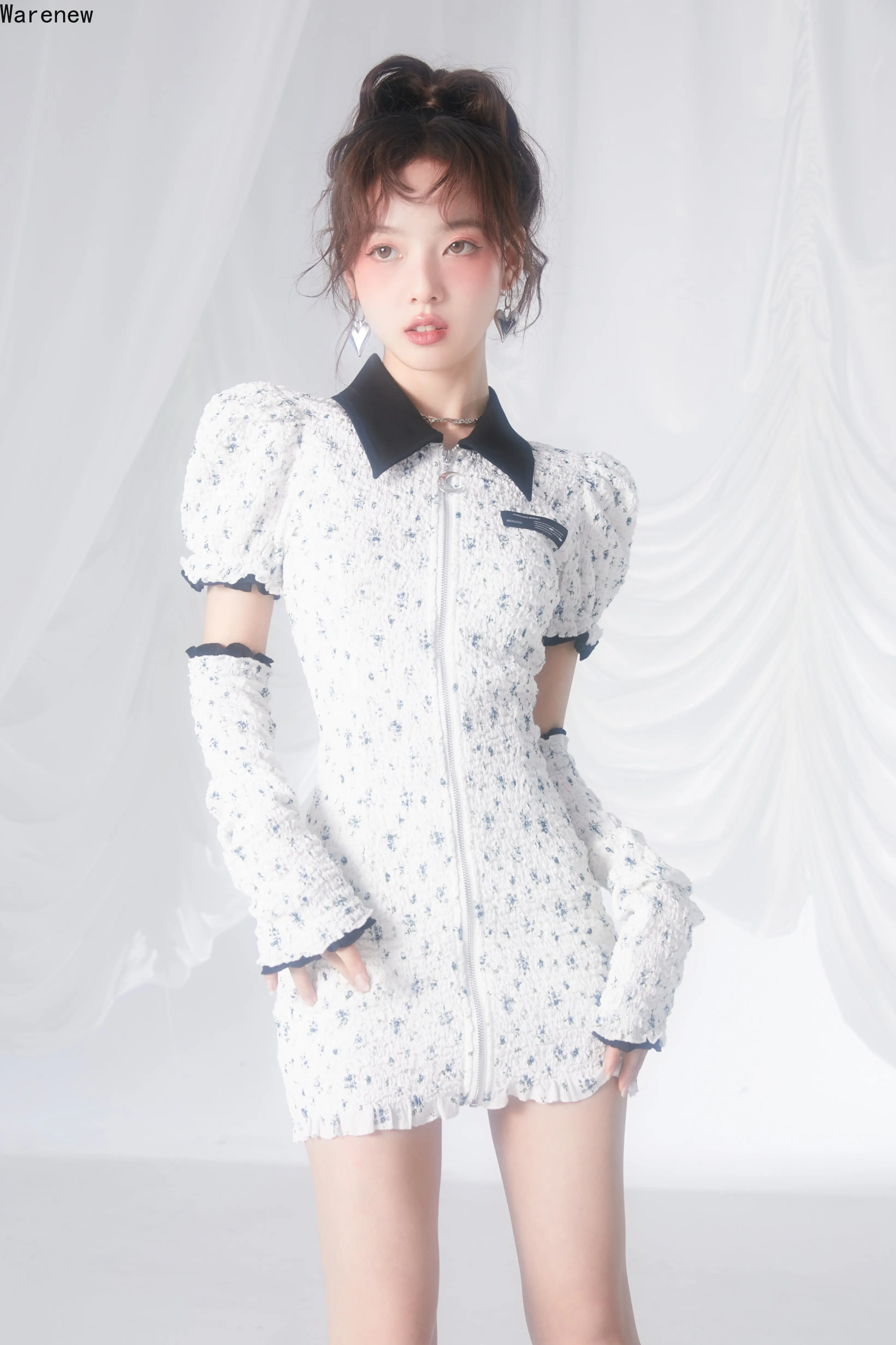 

2023 Summer Hotsweet Puff Sleeve Turn-Down Collar Zipper Mini Dresses Women Sexy Sheath Print Patchwork Slim Fit Sweet Dress