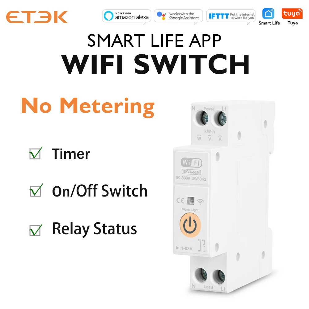 ETEK TUYA WIFI Smart Circuit Breaker Power Metering 1P 63A DIN Rail Smart Home wireless Remote Control Adjustable Switch EKV