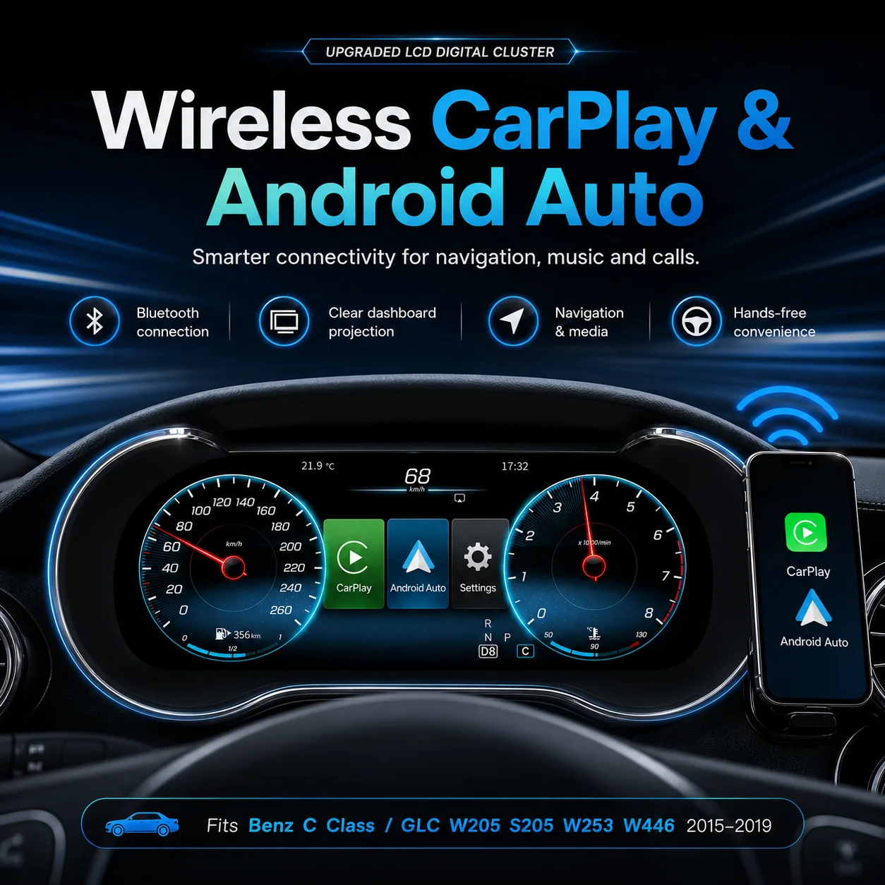 AUTOABC Pantalla Digital LCD de 12.3 Pulgadas para el Panel de Instrumentos, CarPlay Inalámbrico y Android Auto para Mercedes-Benz Clase C/GLC W205 S205 W253 Sistema NTG 5.0 2015-2020 con Función HDMI Airplay 3