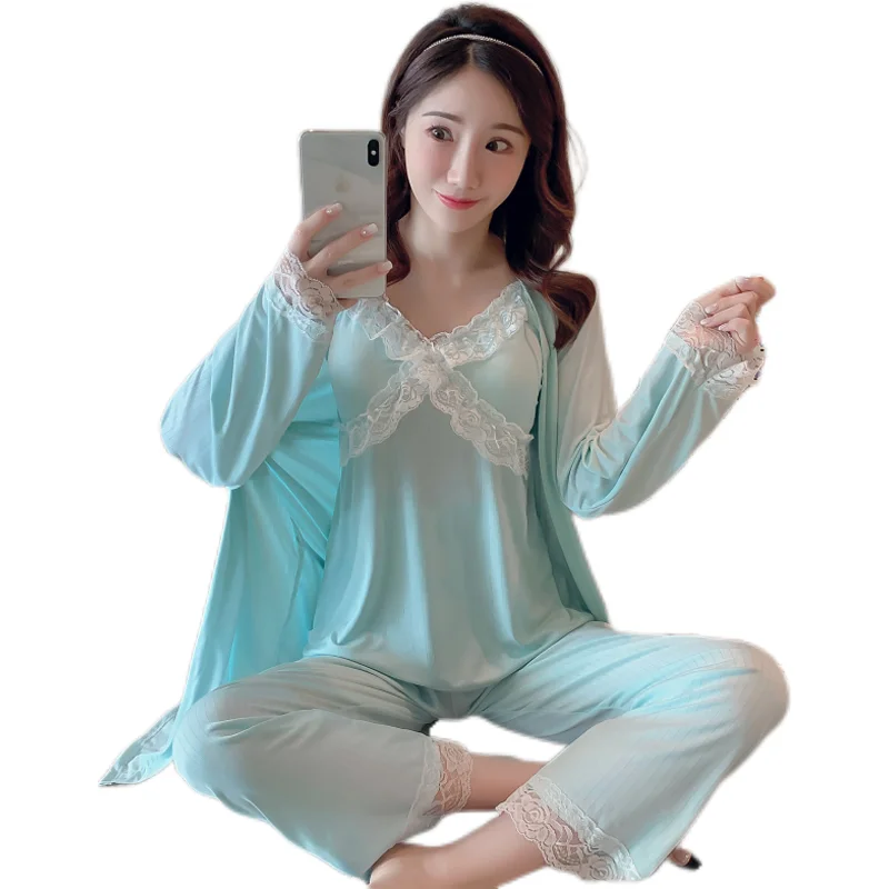 Pajamas women's spring and autumn chest pads 2024 new ins Korean version of lace suspenders printed home clothes 3-piece set