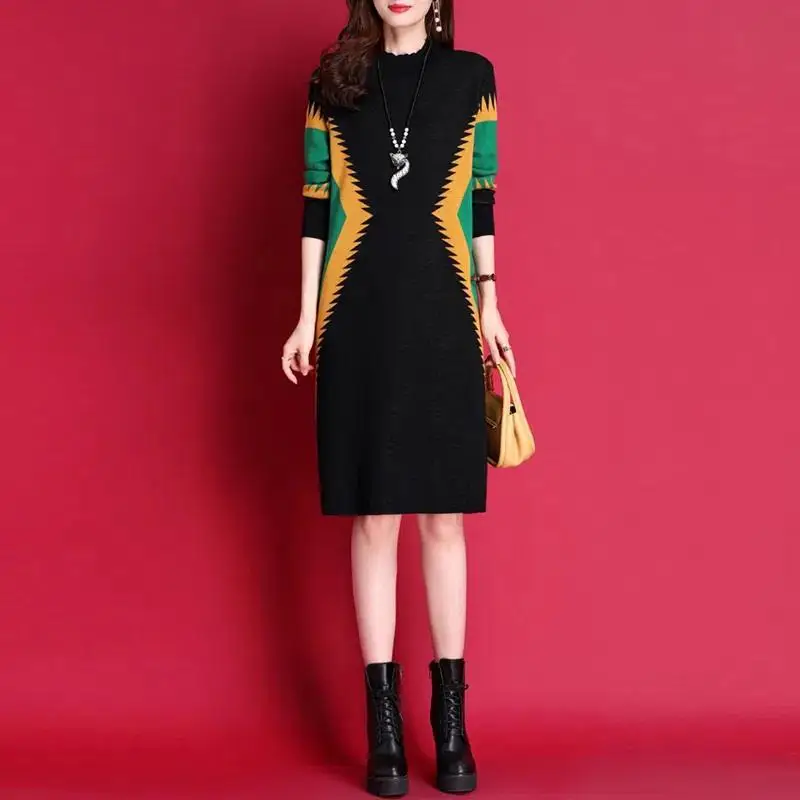 

Vintage Printed Round Neck Long Sleeved Knitted Dress Women Robes 2023 Autumn Winter Lady Office Streetwear Vestido Q556