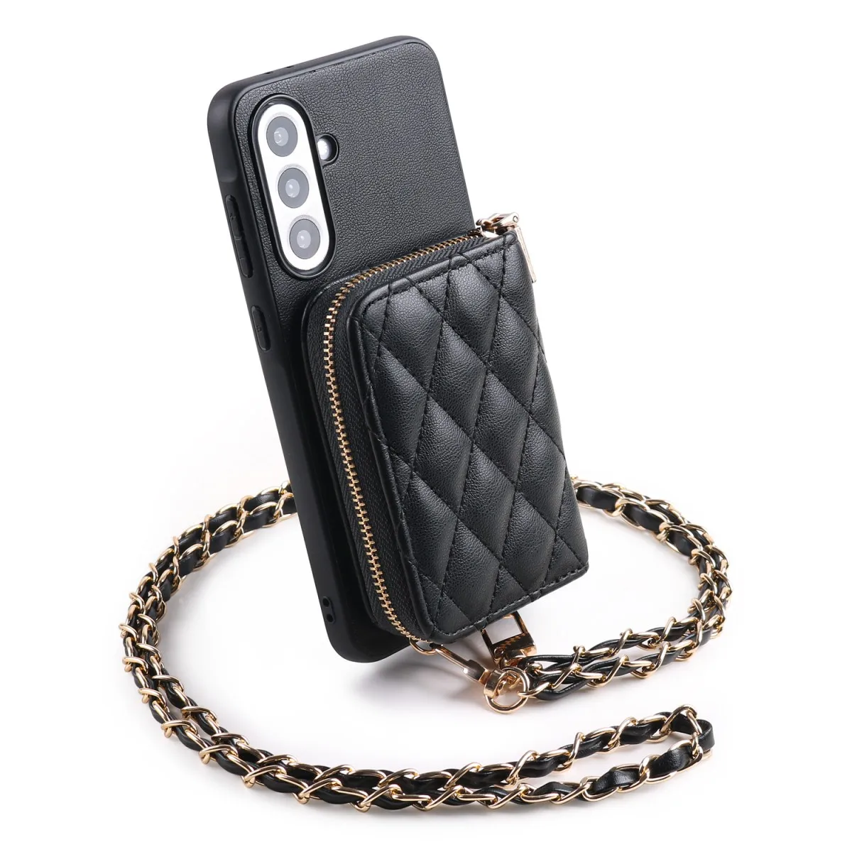 Chic Lamb Pattern PU Leather Phone Case with Fashionable Long Hanging Chain and Card Holder Sleeve