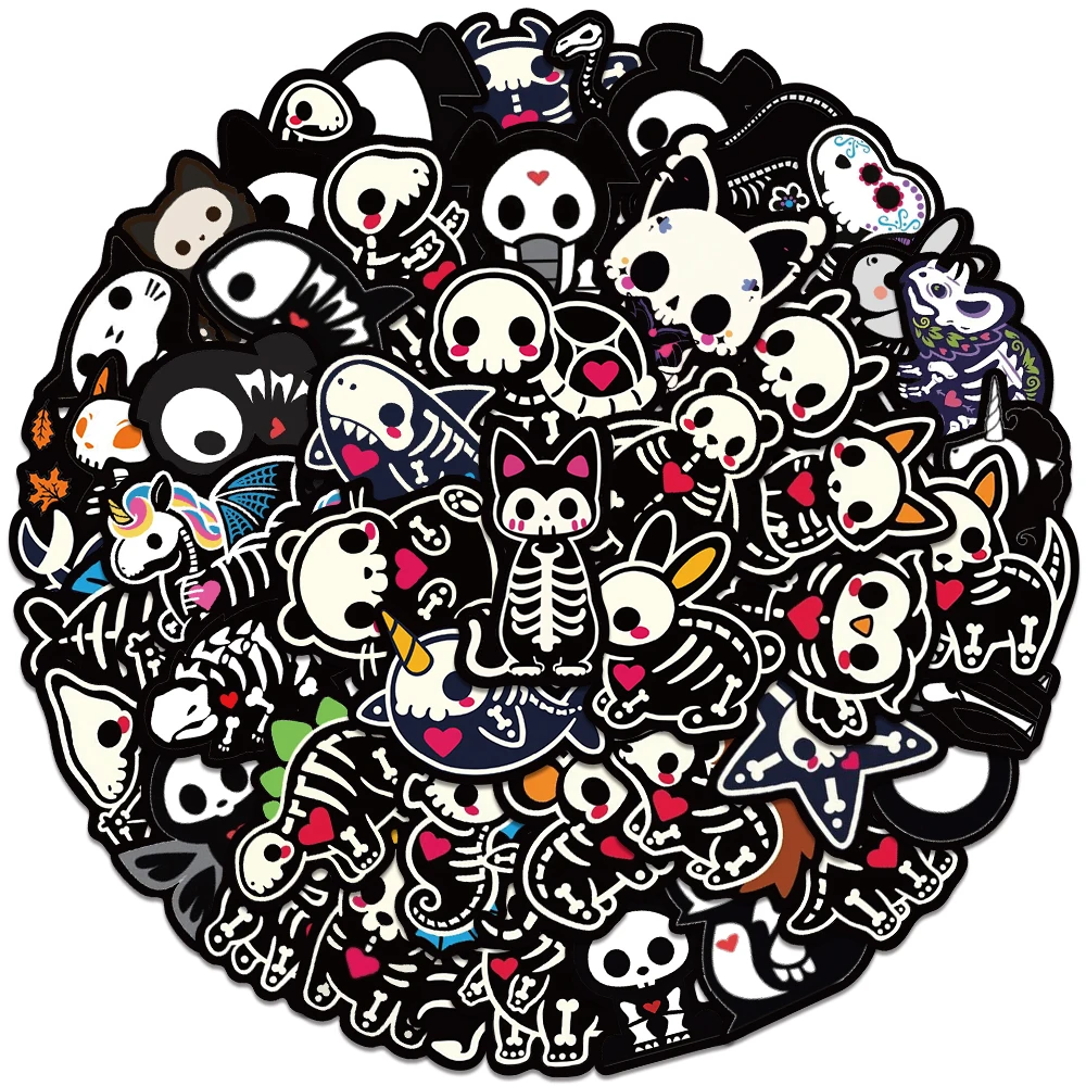 50pcs Vinyl Laptop Decals Funny Cute Cartoon Animals Skeleton Skull Stickers For Luggage Water Bottle Diary Waterproof Graffiti