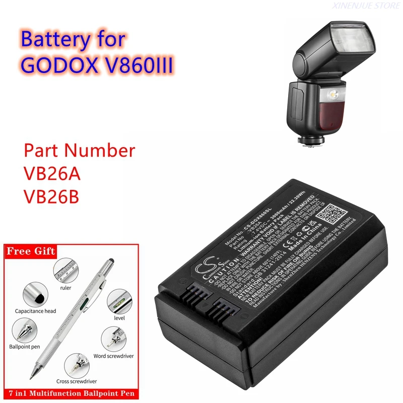 Ersatzakku Für Godox V860III Blitz | 3000mAh / 22,20Wh | 7,4V Lithium-Ionen | Mit Schutzschaltung