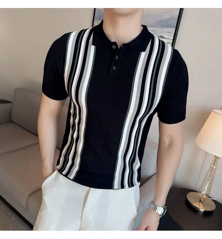 Description Picture 6 of itemMen's Business Casual Pullover 2024 High Quality, Vintage Stripe Stretch Polo Shirt Slim Fit Men's Turn-down Collar Short Sleeve