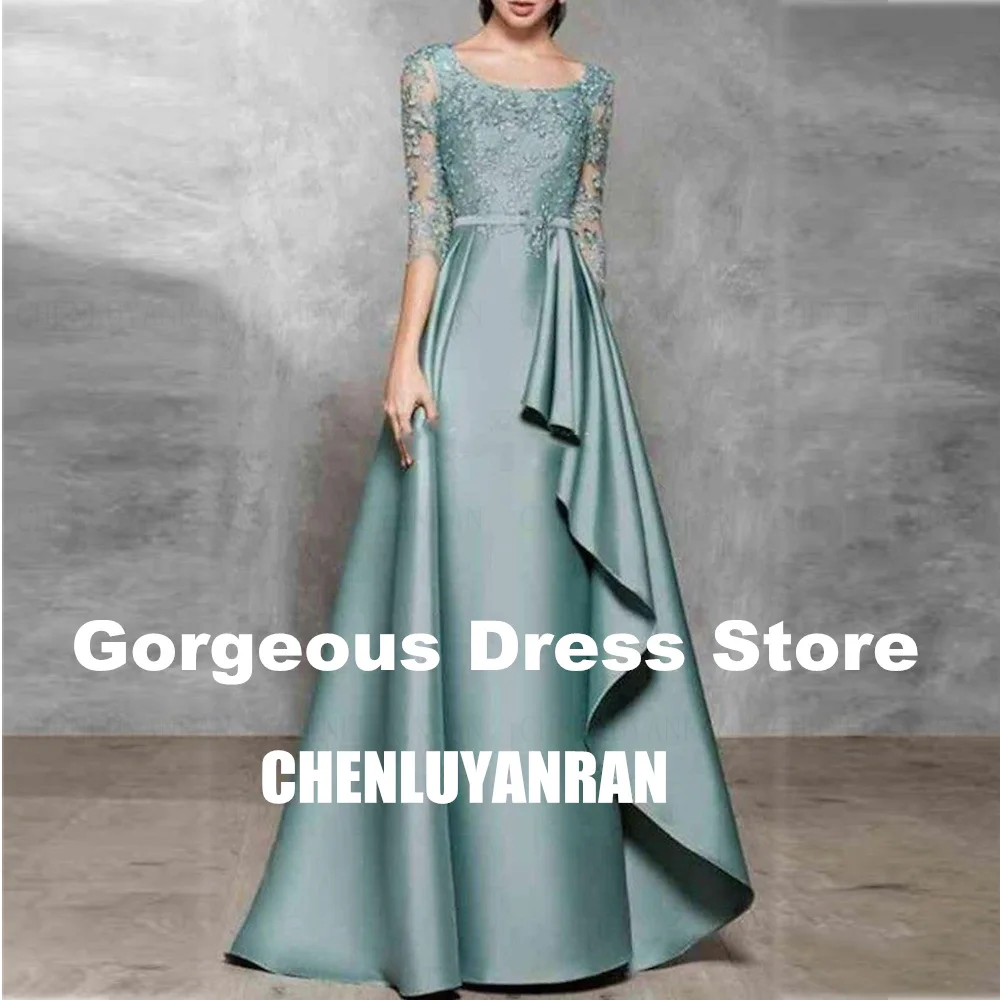 Simple Satin Mother of the Bride Dress O Neck 3/4 Sleeves A-Line Wedding Party Gowns Applique Dress Women For Wedding Party