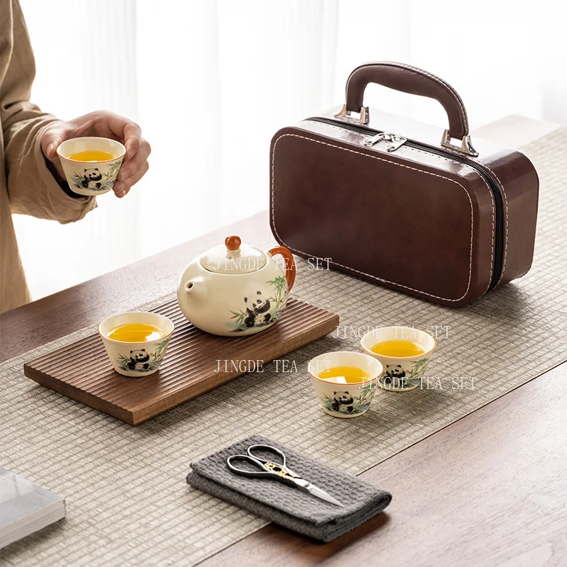 Panda Chinese Tea Set Ru Kiln Household Kung Fu Tea Set Travel Portable Large Capacity Teapot 1 Pot, 4 Cups Set Underglaze Color