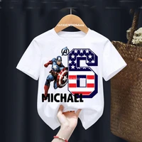 Summer 2024 Captain America Birthday Personalize Name Boy Shirt 2 3 4 5 6 7 8 9 Marvel Birthday Girl White Short Sleeve T-Shirt 2