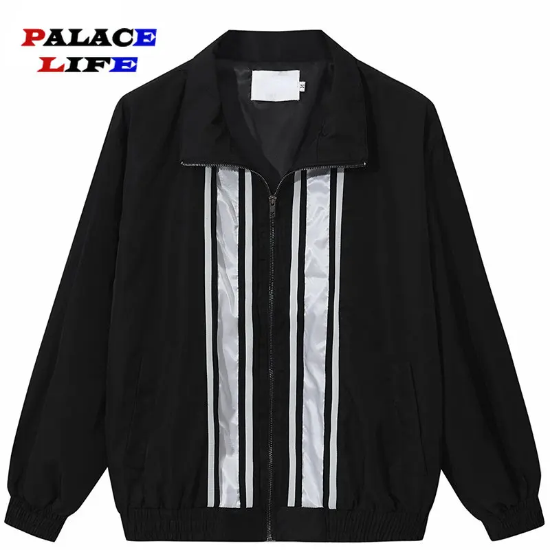 

Men Hip Hop Streetwear Jacket Coat Retro Striped Patchwork Harajuku Bomber Jacket Windbreaker Oversized Track Jacket Spring
