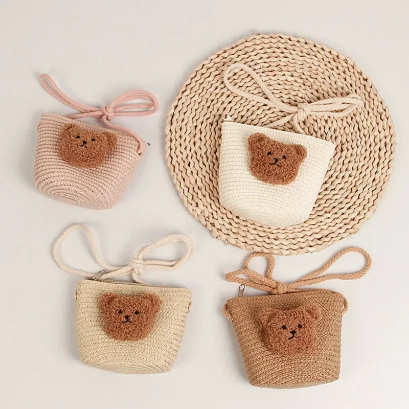 Cute Kids Shoulder Bag Summer Straw Woven Handmade Bags Mini Baby Girls Coin Purse Cartoon Bear Toddler Crossbody Bag 6