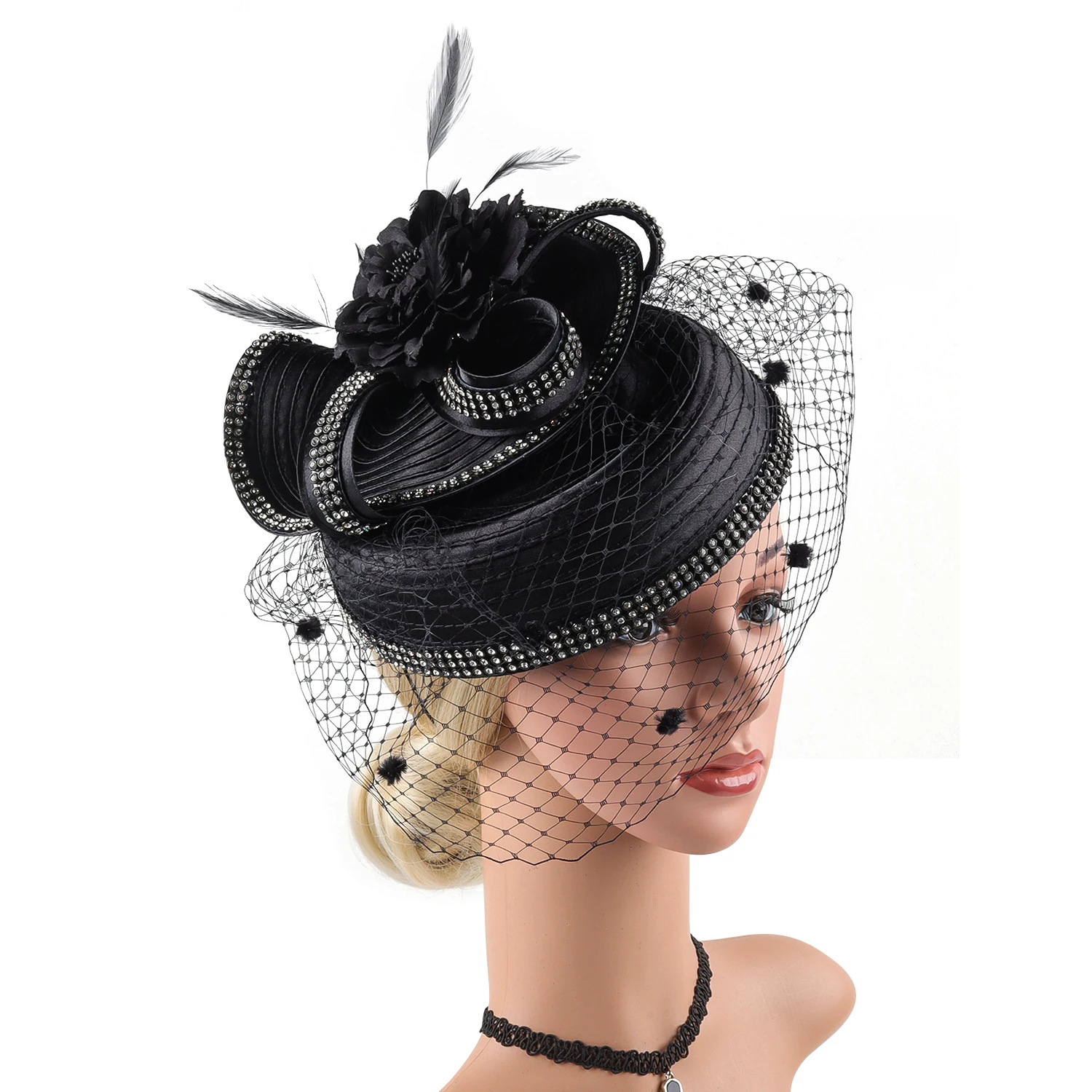 Black Dress Hat Church Hat with Satin Floral Rosette One Size Adjustable Elegant Satin Cloth Flower hats for church women for main image 3