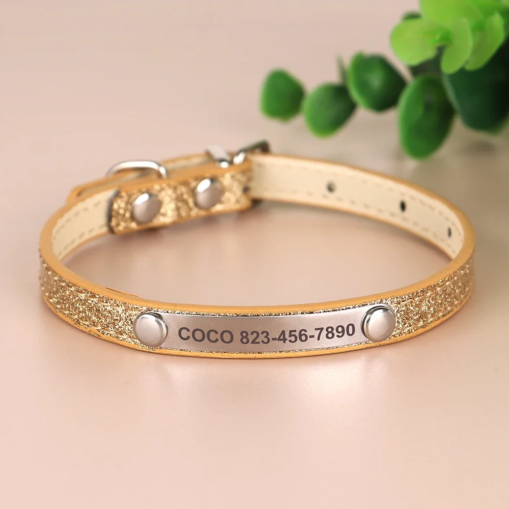 Custom Bling Leather Cat Collar with Engraved ID Nameplate for Cats & Small Dogs