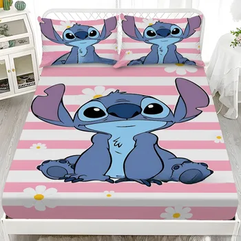 Set lenzuola con angoli per bambini Stitch, lenzuola con stampa di cartoni animati Disney con federe, lenzuola elastiche traspiranti nella camera da letto di casa 1