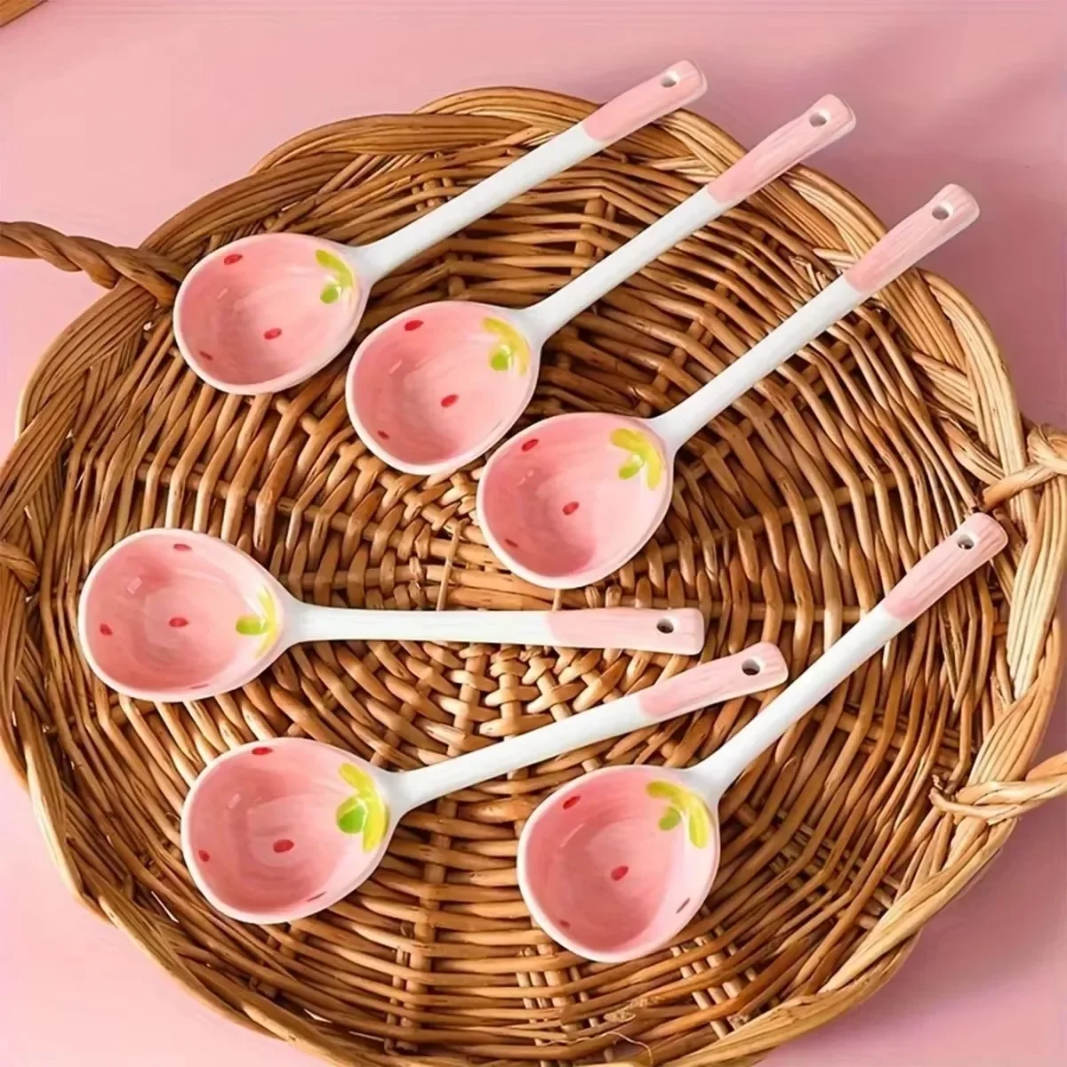 Ceramic Strawberry Soup Spoon with Long Handle for Kitchen Tableware