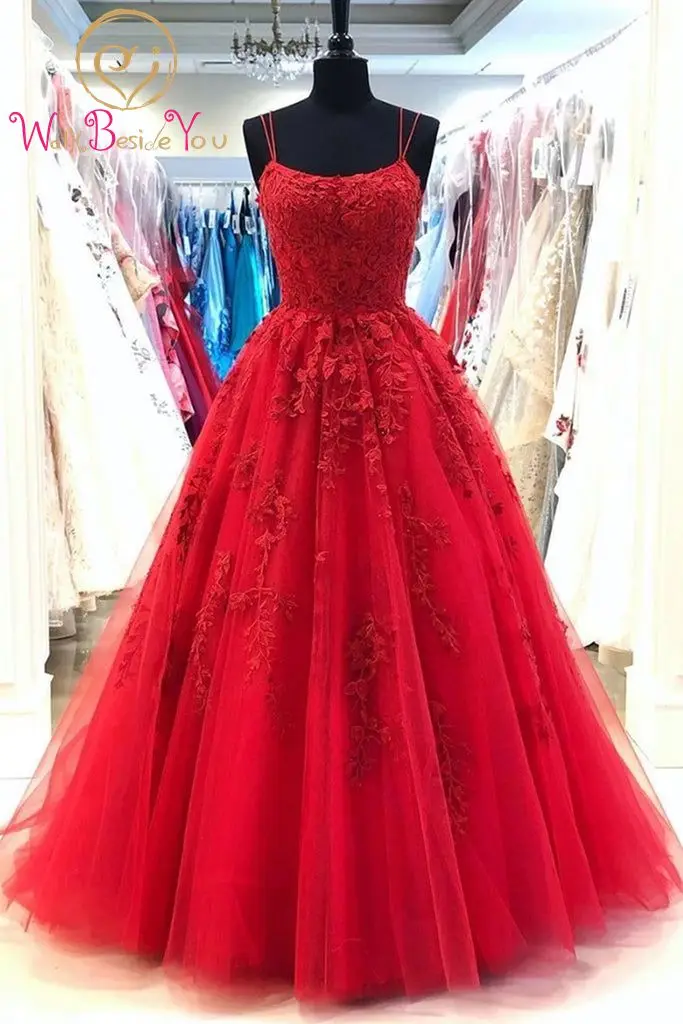 

Red Prom Dress 2022 Ball Gown Lace Applique Spaghetti Strap Corset Back Long Evening Party Gowns Formal Women Free custom made