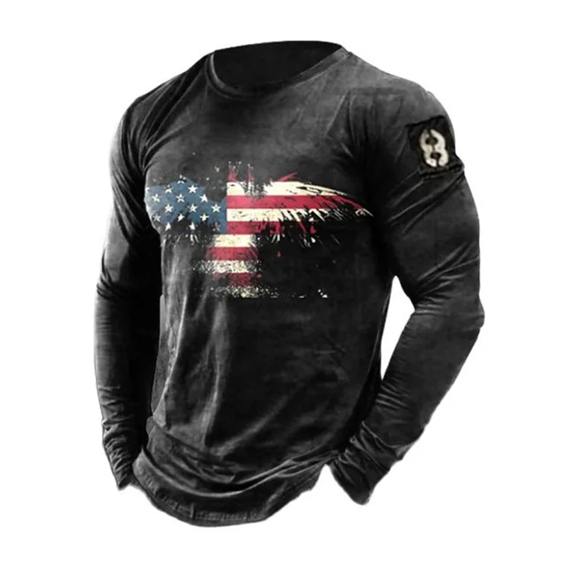 Spring Autumn Men's 3d Letter Print American Flag Long Sleeve T Shirt Street Trend O Neck 2022 Vintage Shirt Plus Size Pullover